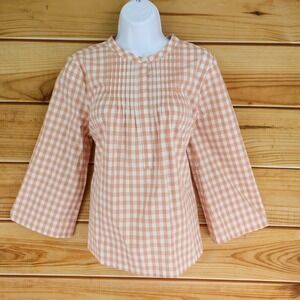 J. Crew Blouse 3/4 Bell Sleeves Womens M Pink Gingham Checks 1/4 Buttons NWT $78